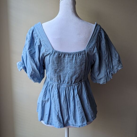 Old Navy Chambray Puff-Sleeve Waist-Defined Top Medium - Picture 2 of 4